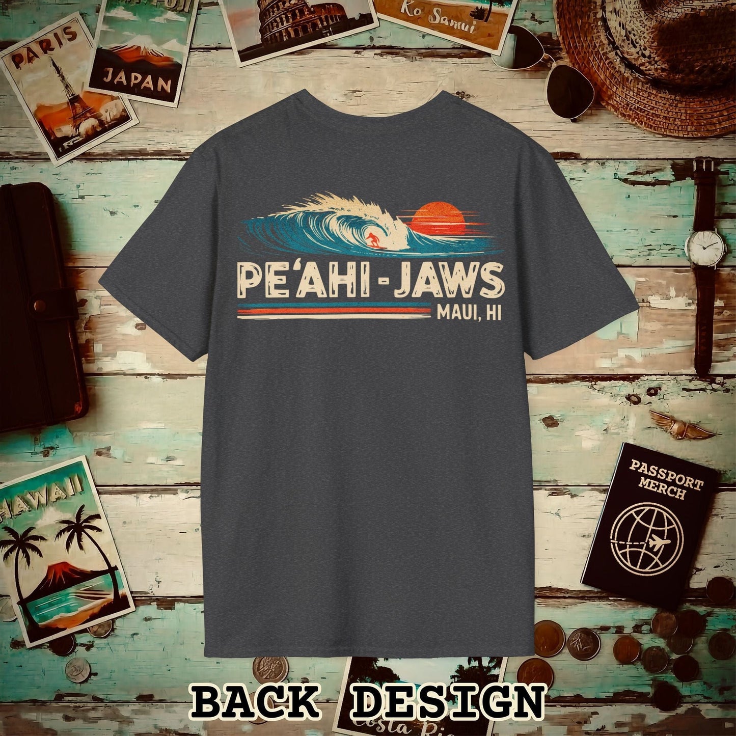 Peahi Jaws, Maui, Hawaii - Vibrant Surf Retro Back Print T-Shirt Dark Heather / S