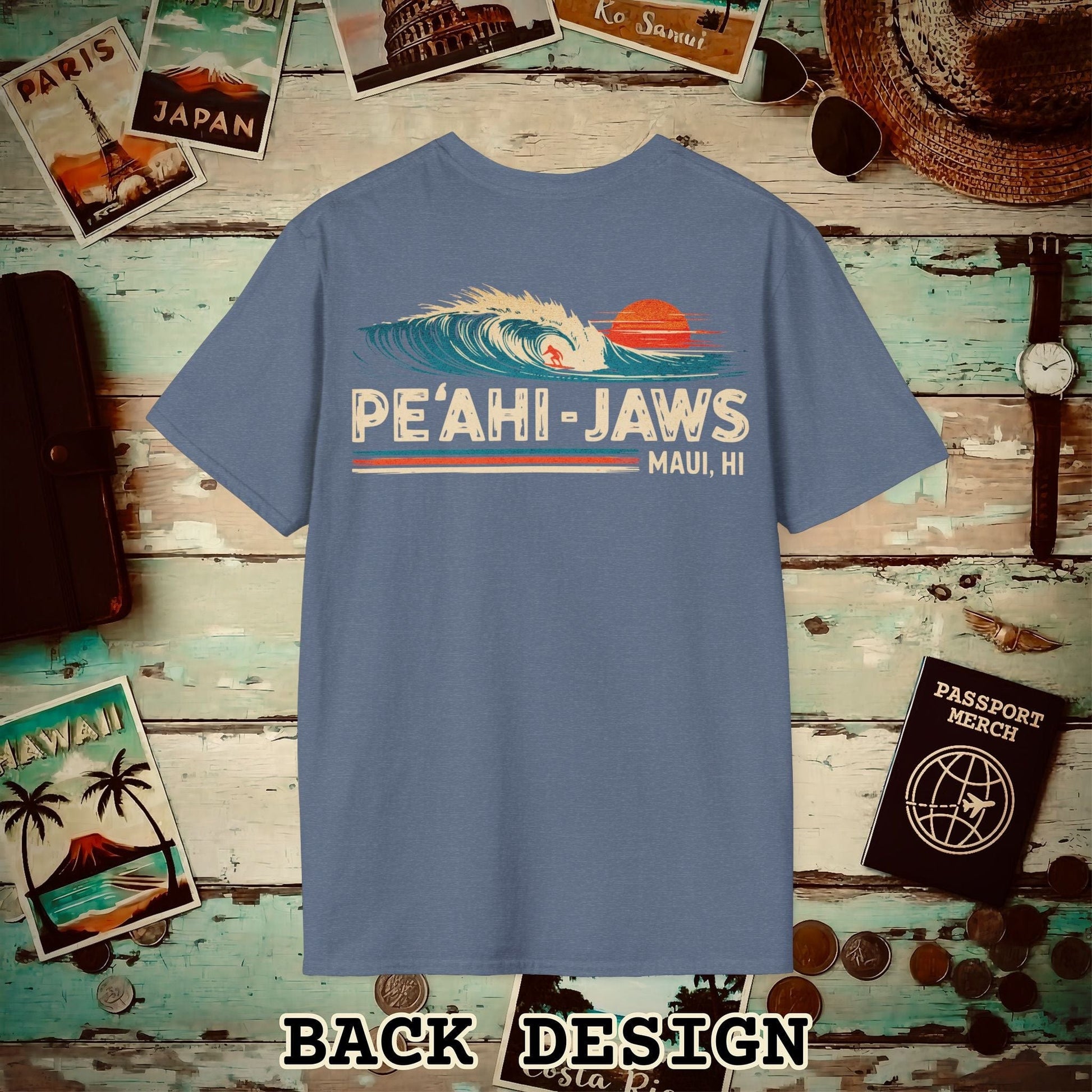 Peahi Jaws, Maui, Hawaii - Vibrant Surf Retro Back Print T-Shirt Heather Indigo / S