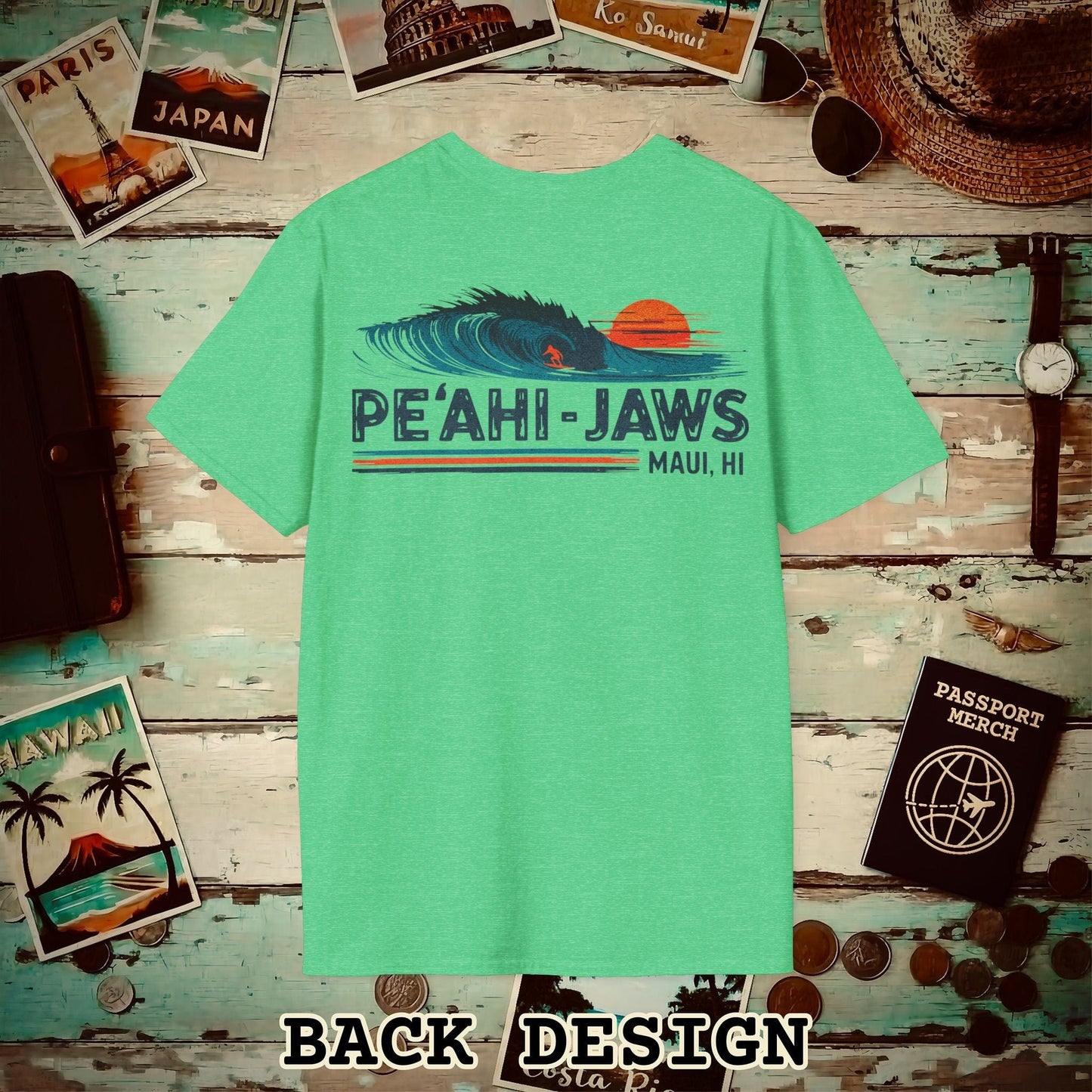 Peahi Jaws, Maui, Hawaii - Vibrant Surf Retro Back Print T-Shirt Heather Irish Green / S