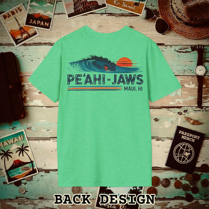 Peahi Jaws, Maui, Hawaii - Vibrant Surf Retro Back Print T-Shirt Heather Irish Green / S