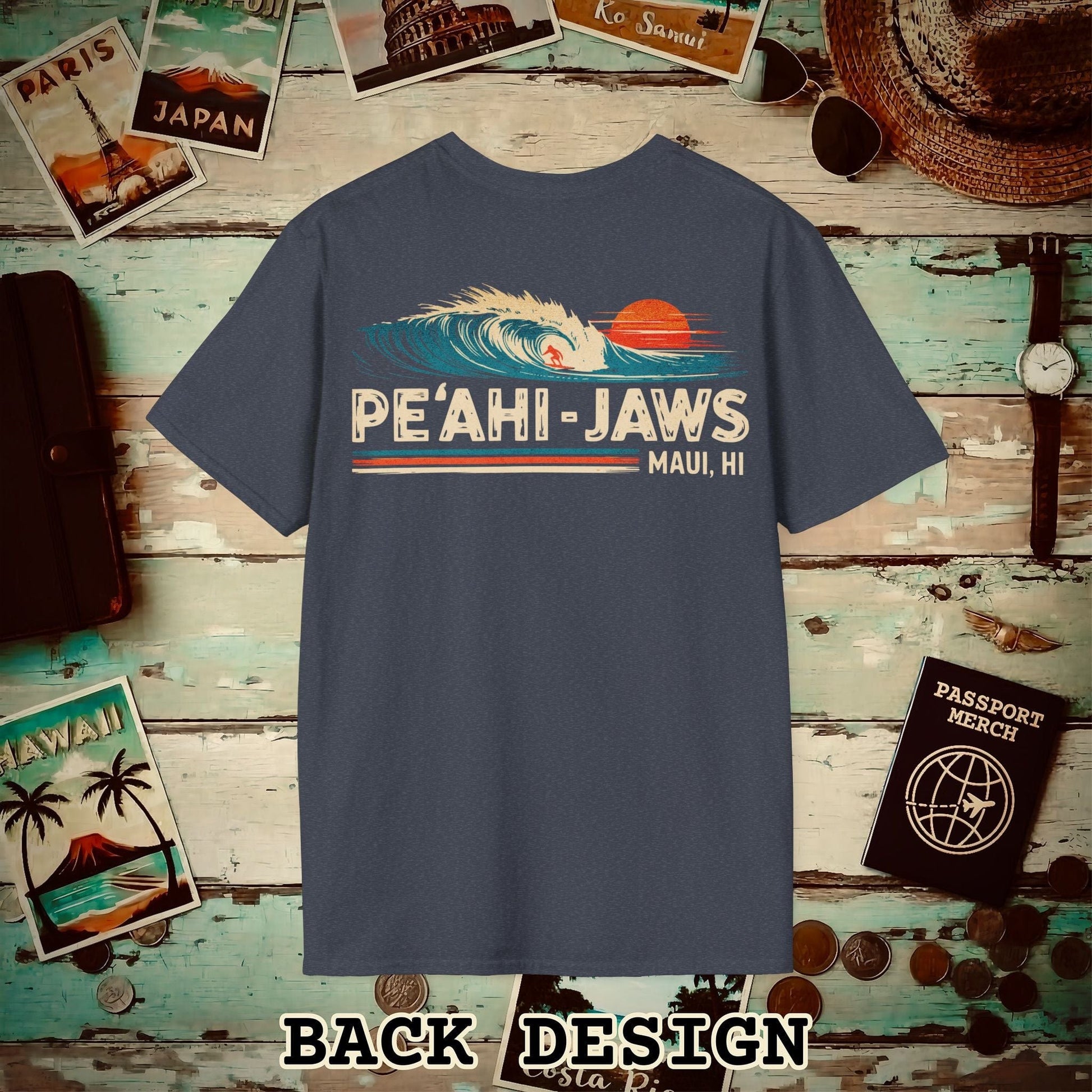 Peahi Jaws, Maui, Hawaii - Vibrant Surf Retro Back Print T-Shirt Heather Navy / S