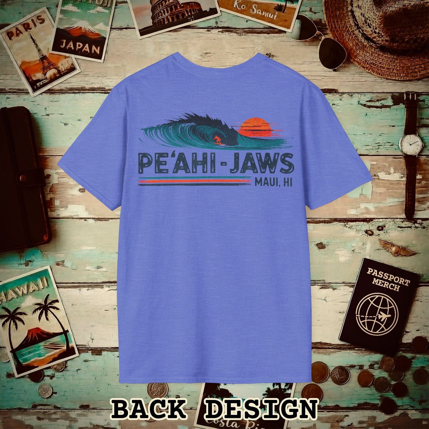 Peahi Jaws, Maui, Hawaii - Vibrant Surf Retro Back Print T-Shirt Heather Royal / S