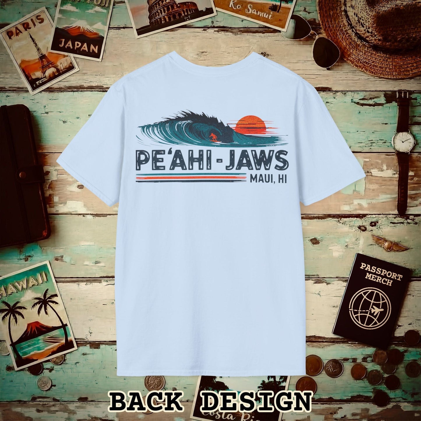 Peahi Jaws, Maui, Hawaii - Vibrant Surf Retro Back Print T-Shirt Light Blue / S