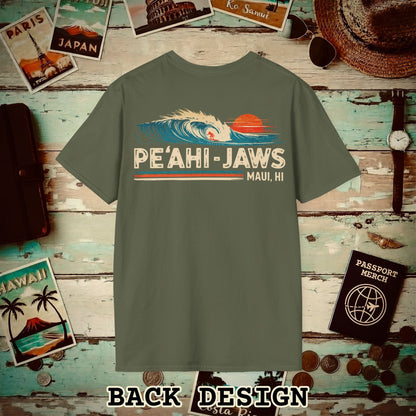 Peahi Jaws, Maui, Hawaii - Vibrant Surf Retro Back Print T-Shirt Military Green / S