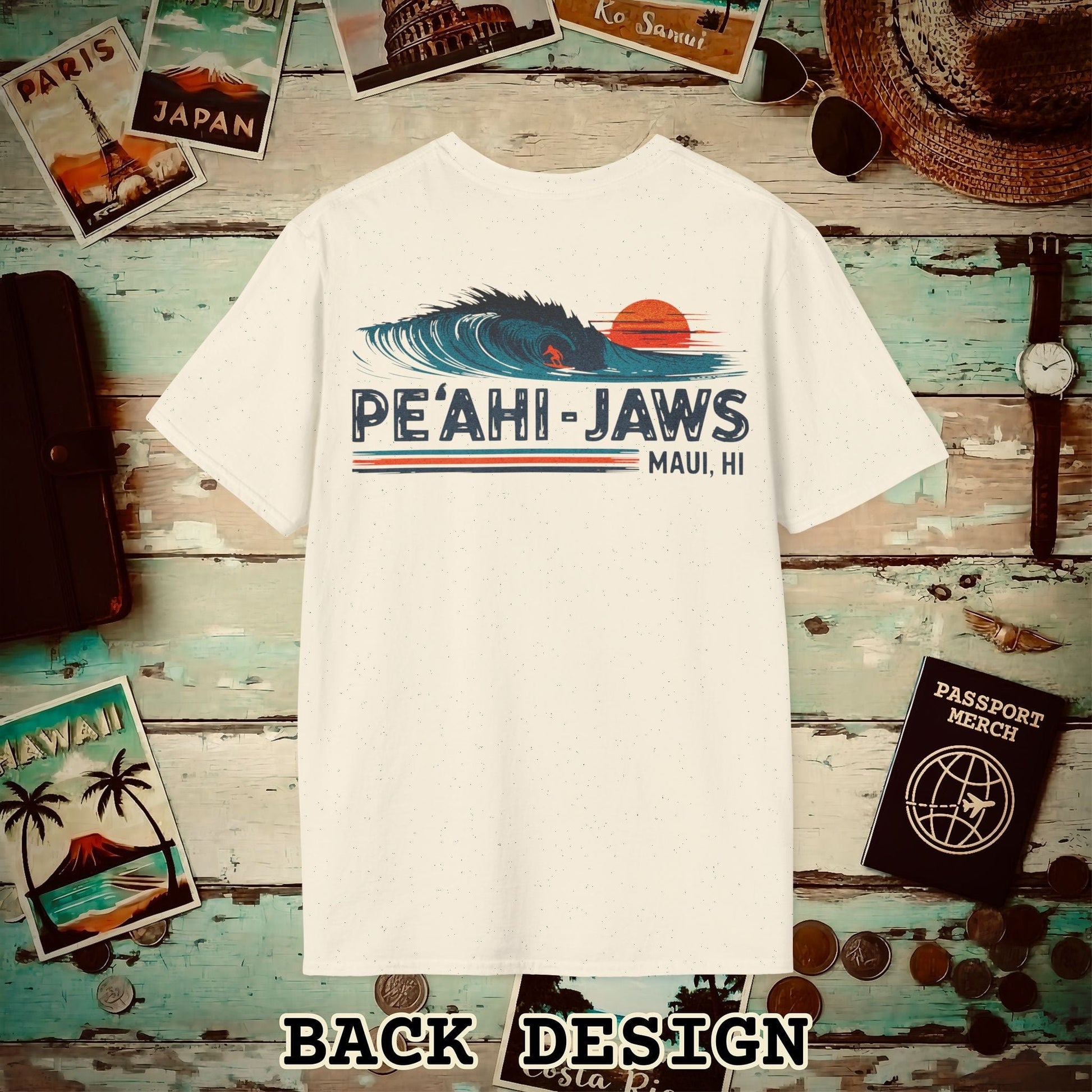 Peahi Jaws, Maui, Hawaii - Vibrant Surf Retro Back Print T-Shirt Natural / S