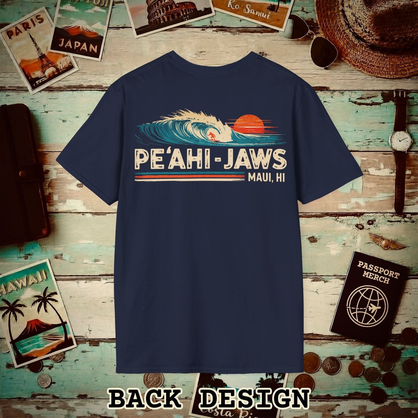 Peahi Jaws, Maui, Hawaii - Vibrant Surf Retro Back Print T-Shirt Navy / S