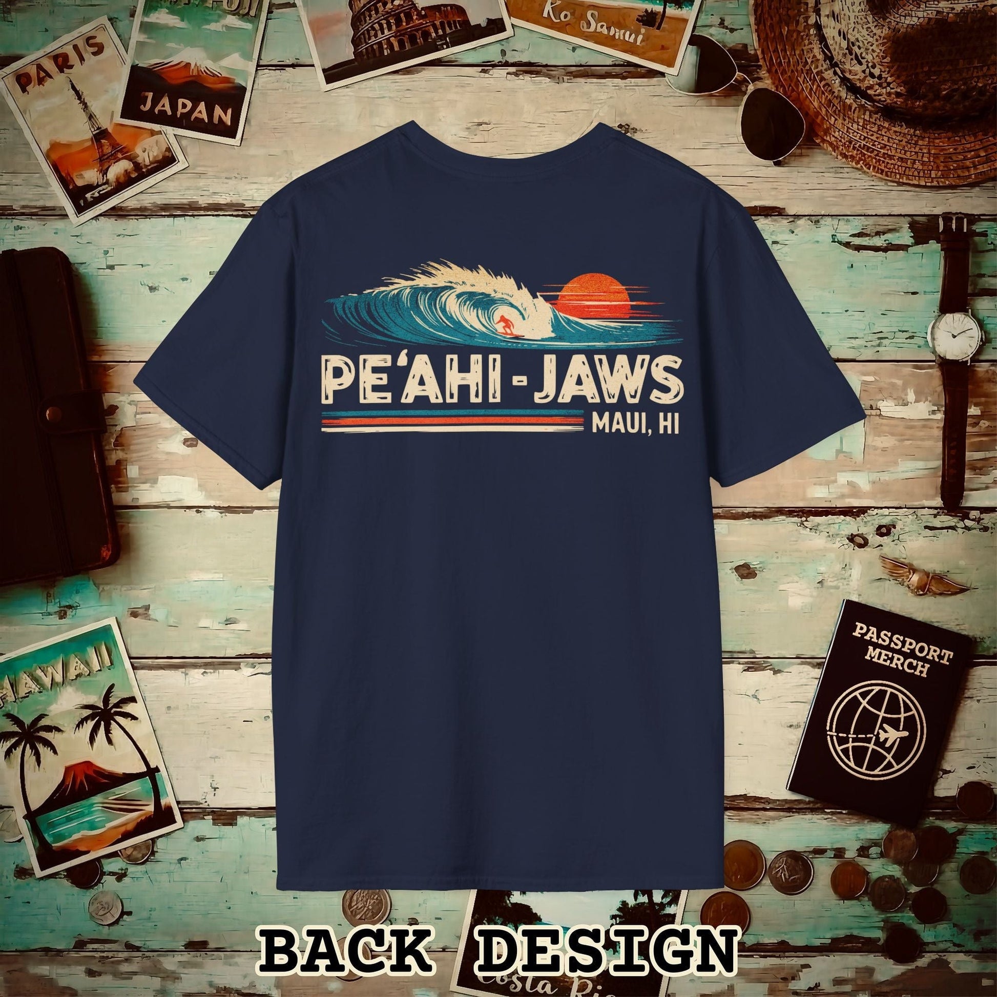Peahi Jaws, Maui, Hawaii - Vibrant Surf Retro Back Print T-Shirt Navy / S