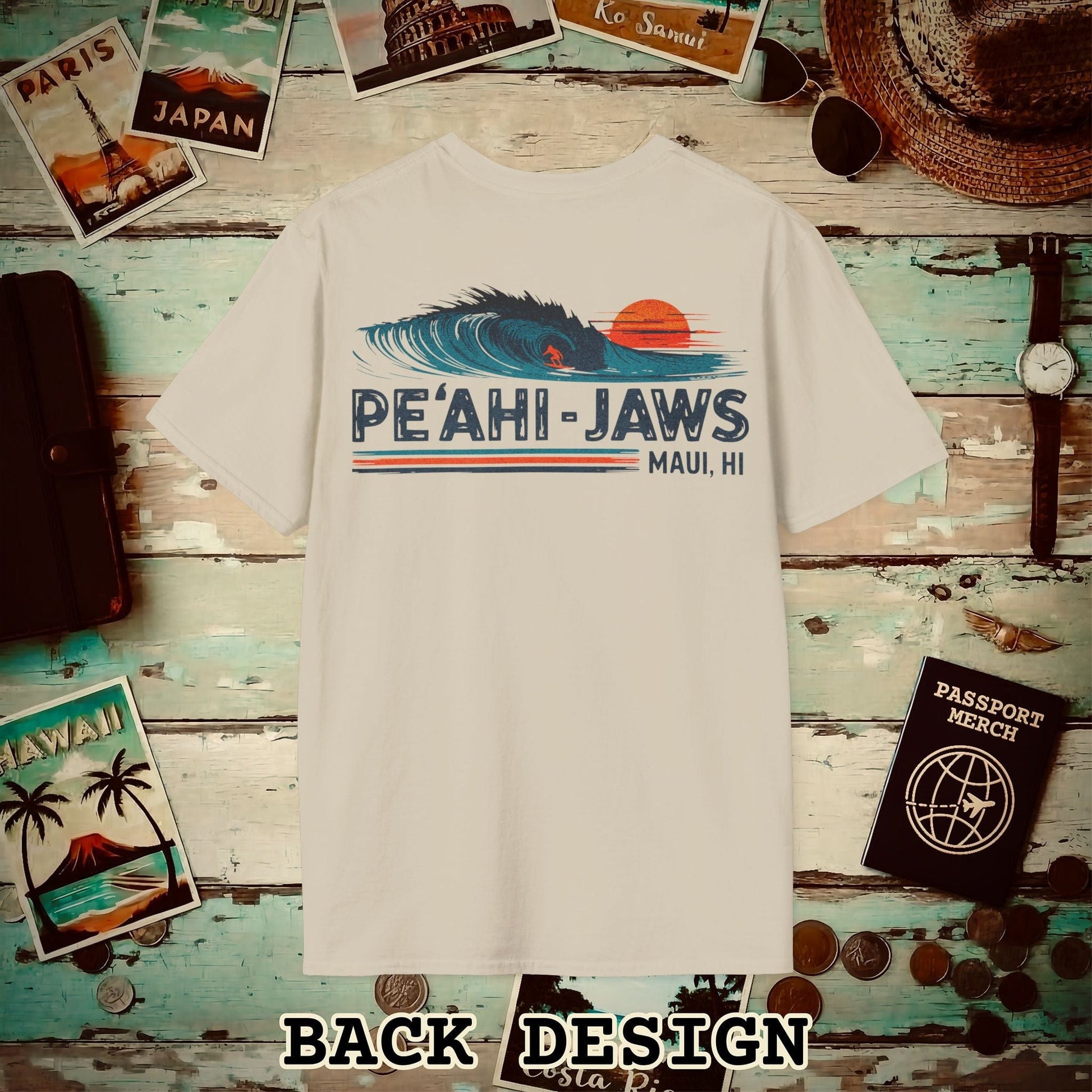 Peahi Jaws, Maui, Hawaii - Vibrant Surf Retro Back Print T-Shirt Sand / S