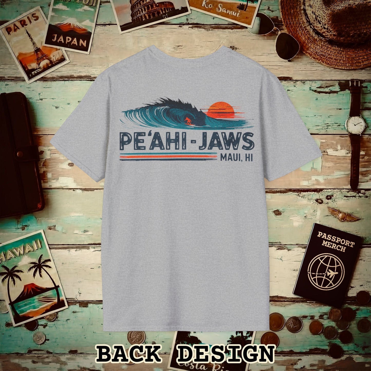 Peahi Jaws, Maui, Hawaii - Vibrant Surf Retro Back Print T-Shirt Sport Grey / S