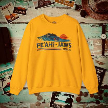 Peahi Jaws, Maui, Hawaii - Vibrant Surf Retro Crewneck Gold / S