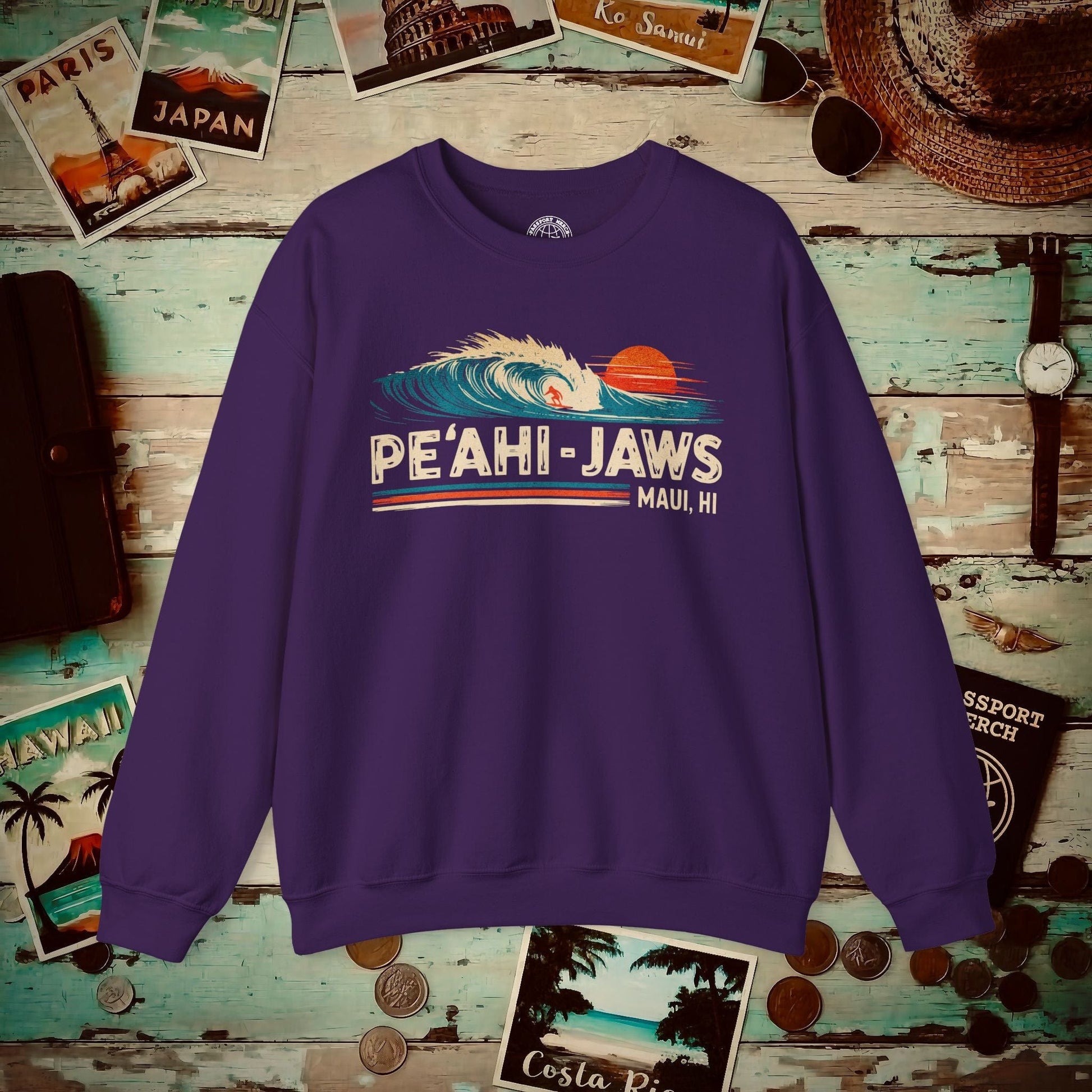 Peahi Jaws, Maui, Hawaii - Vibrant Surf Retro Crewneck Purple / S