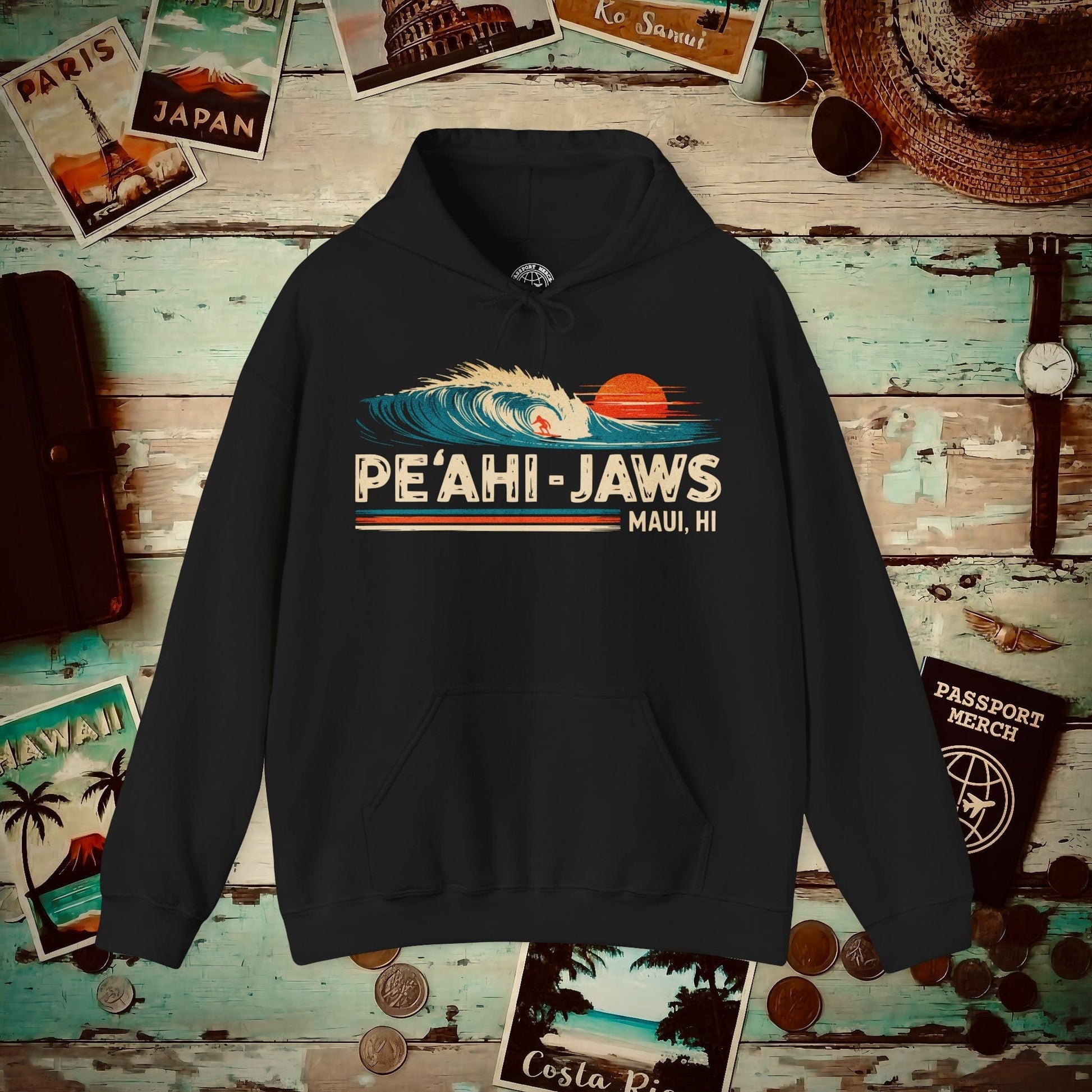 Peahi Jaws, Maui, Hawaii - Vibrant Surf Retro Hoodie Black / S