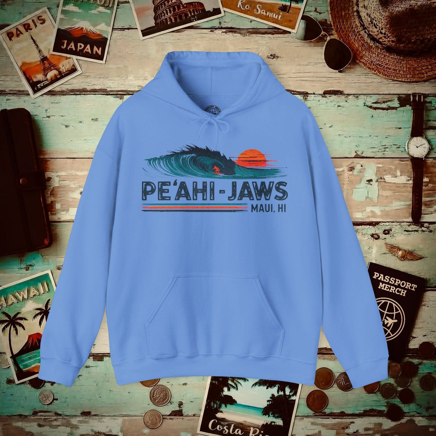 Peahi Jaws, Maui, Hawaii - Vibrant Surf Retro Hoodie Carolina Blue / S