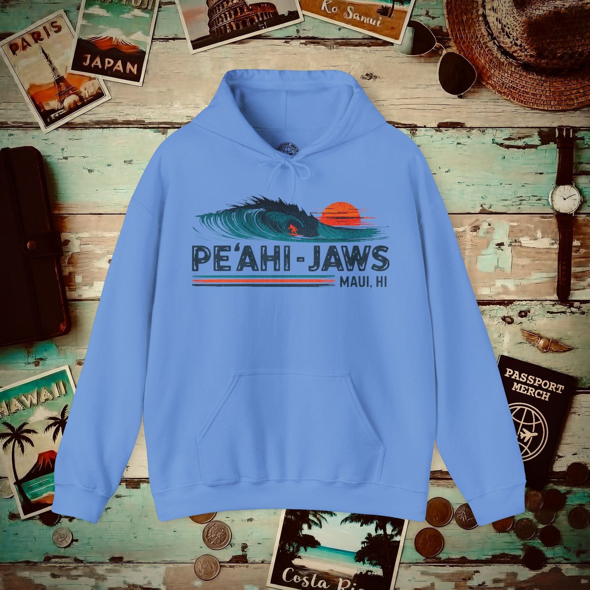 Peahi Jaws, Maui, Hawaii - Vibrant Surf Retro Hoodie Carolina Blue / S