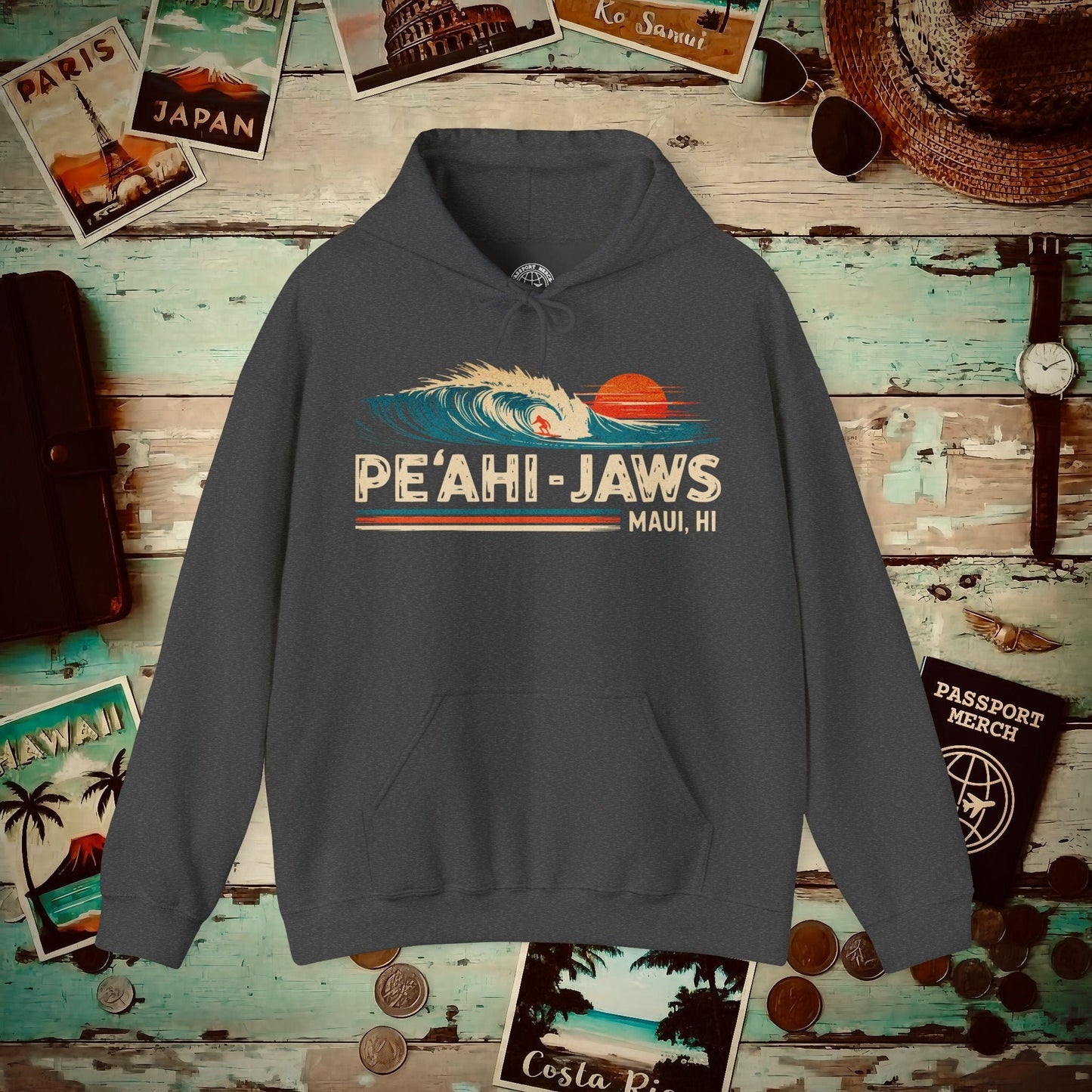 Peahi Jaws, Maui, Hawaii - Vibrant Surf Retro Hoodie Dark Heather / S