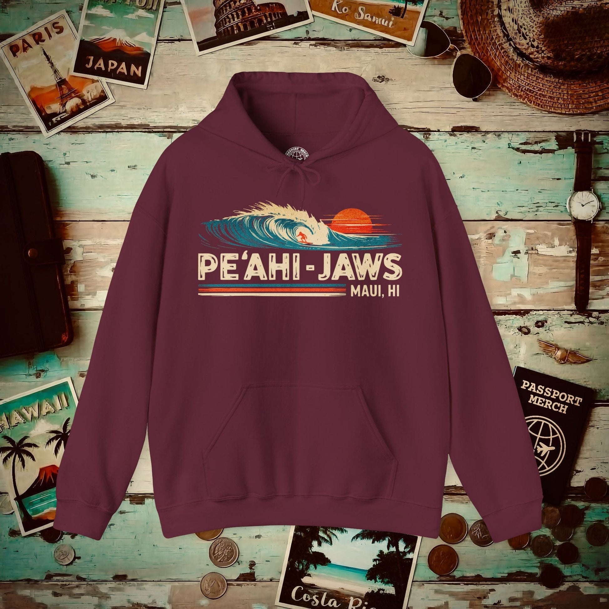 Peahi Jaws, Maui, Hawaii - Vibrant Surf Retro Hoodie Maroon / S