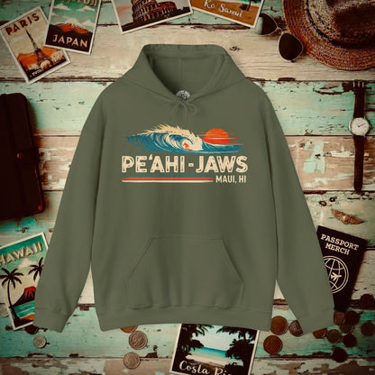 Peahi Jaws, Maui, Hawaii - Vibrant Surf Retro Hoodie Military Green / S