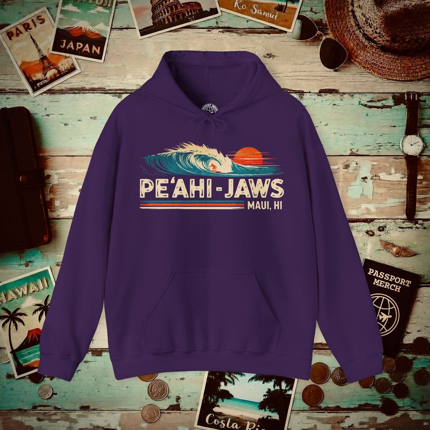 Peahi Jaws, Maui, Hawaii - Vibrant Surf Retro Hoodie Purple / S