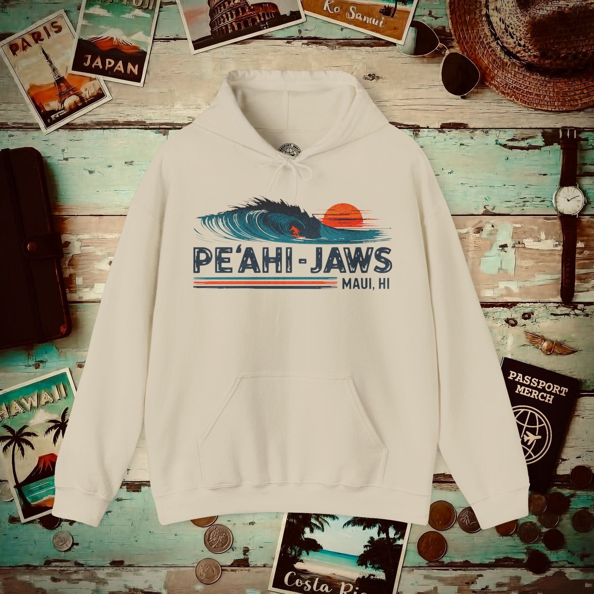 Peahi Jaws, Maui, Hawaii - Vibrant Surf Retro Hoodie Sand / S