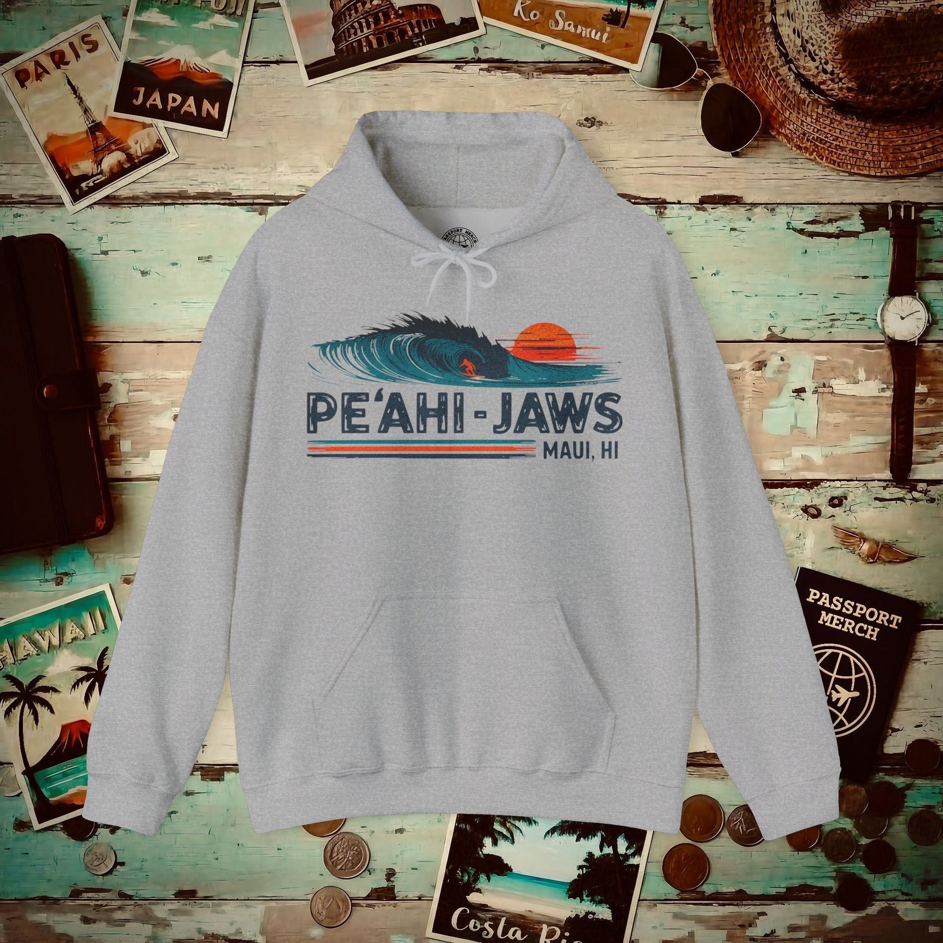 Peahi Jaws, Maui, Hawaii - Vibrant Surf Retro Hoodie Sport Grey / S