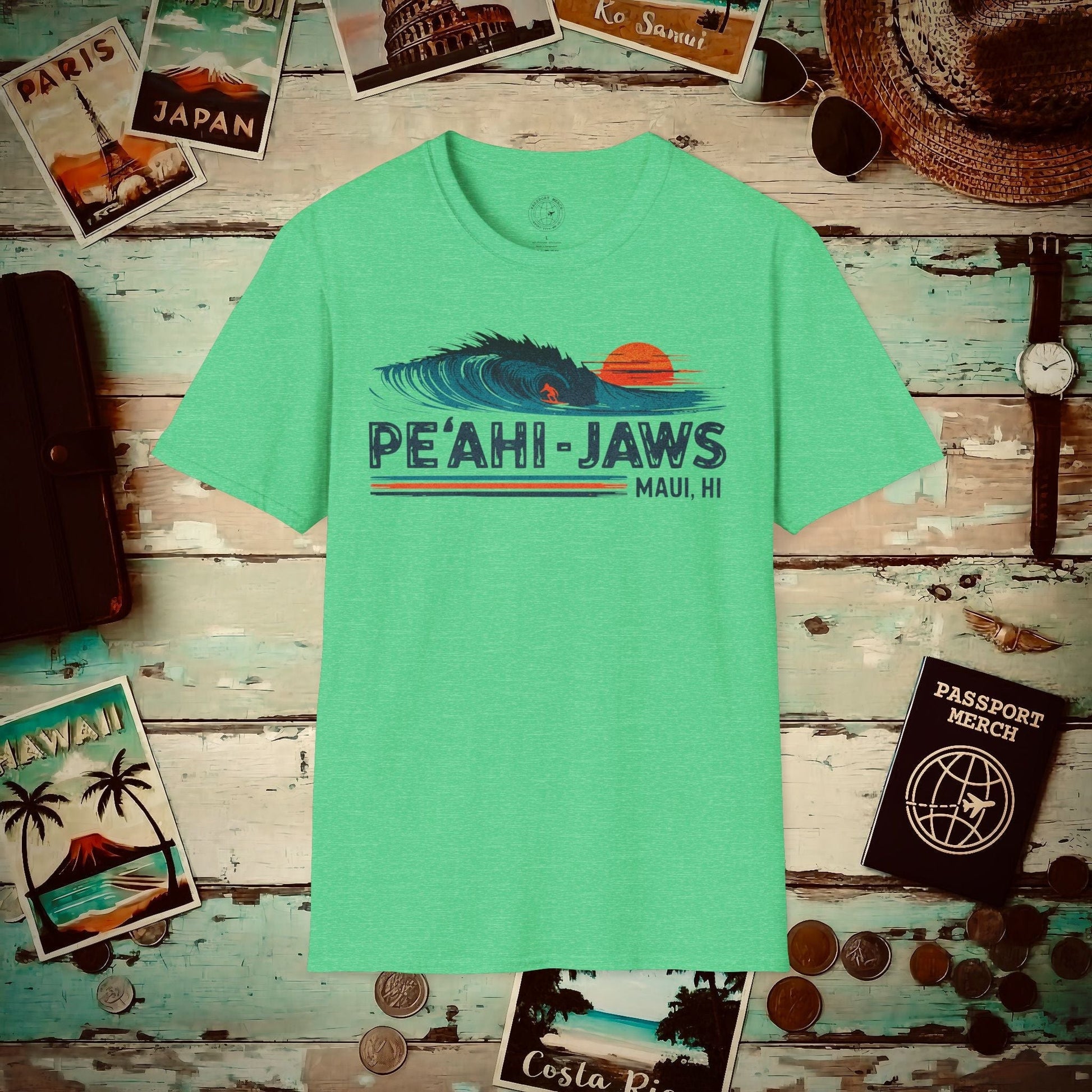 Peahi Jaws, Maui, Hawaii - Vibrant Surf Retro T-Shirt Heather Irish Green / S