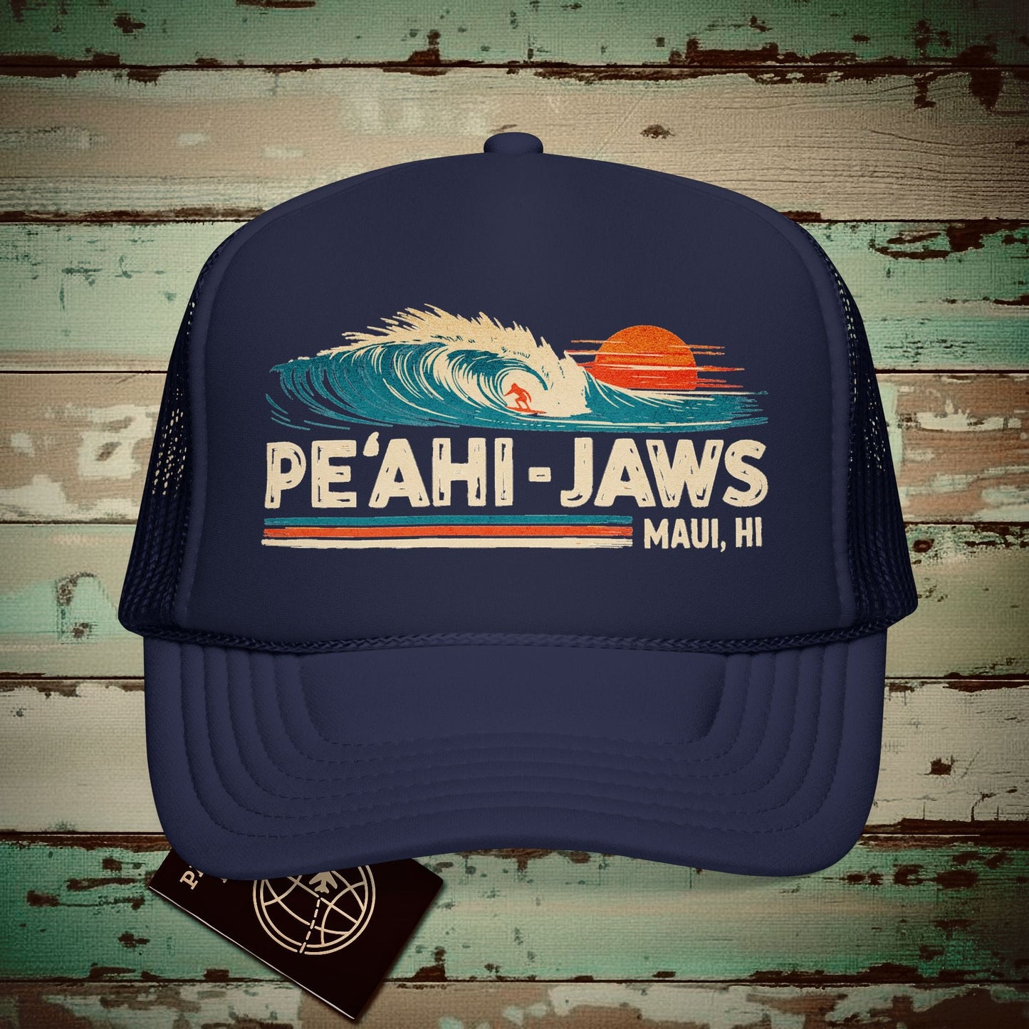 Peahi Jaws, Maui, Hawaii - Vibrant Surf Retro Trucker Hat Dark Navy / One size