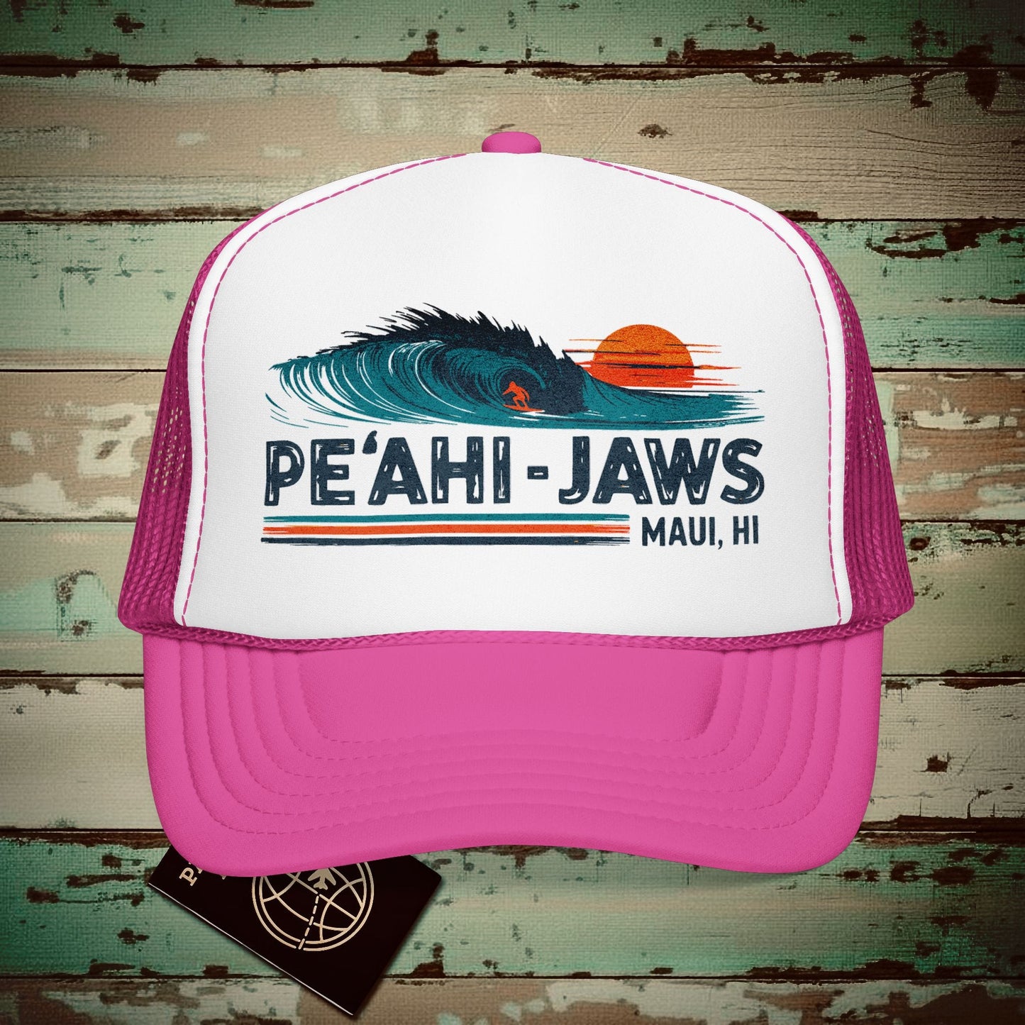Peahi Jaws, Maui, Hawaii - Vibrant Surf Retro Trucker Hat Hot Pink/ White/ Hot Pink / One size