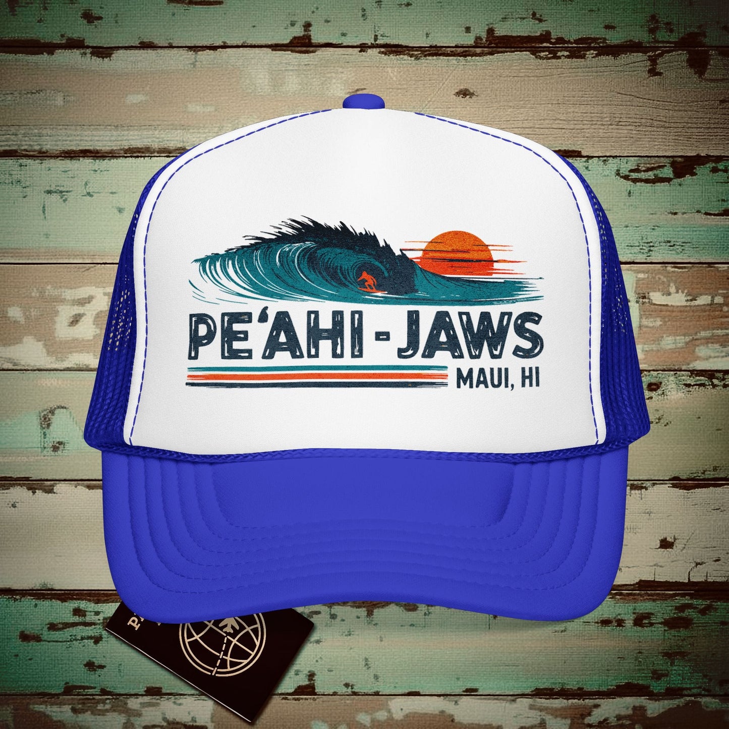 Peahi Jaws, Maui, Hawaii - Vibrant Surf Retro Trucker Hat Royal / White / Royal / One size