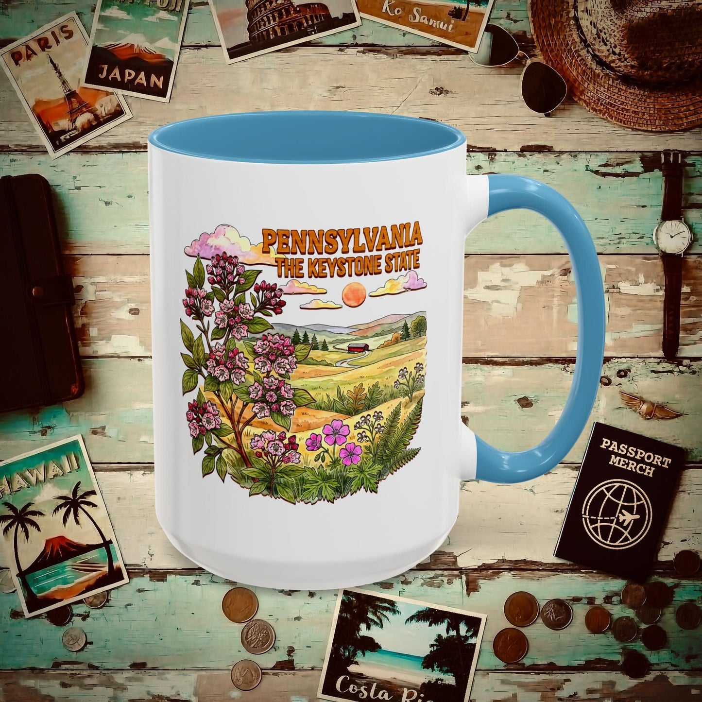 Pennsylvania Flowers in Watercolored Oak 15oz Mug Light Blue / 15oz