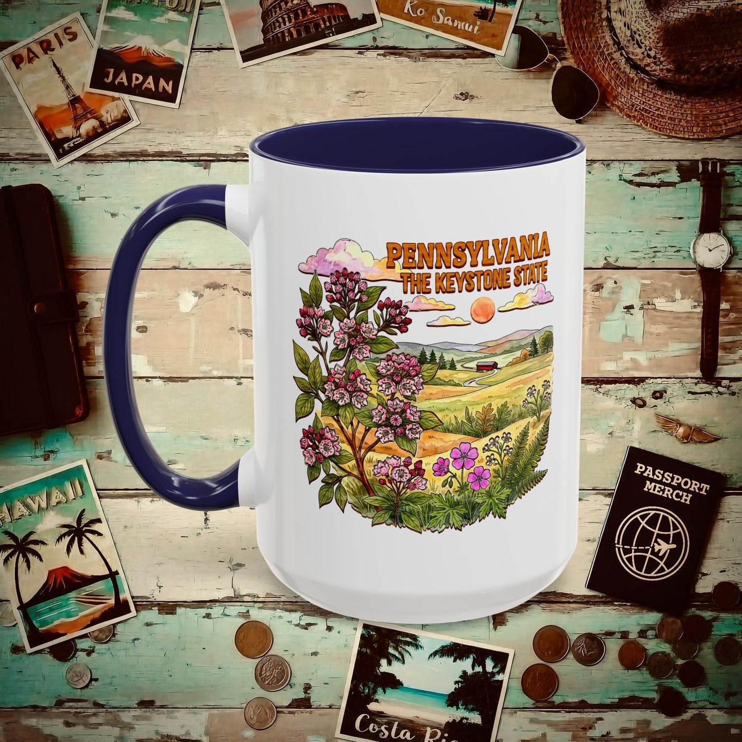 Pennsylvania Flowers in Watercolored Oak 15oz Mug Navy / 15oz