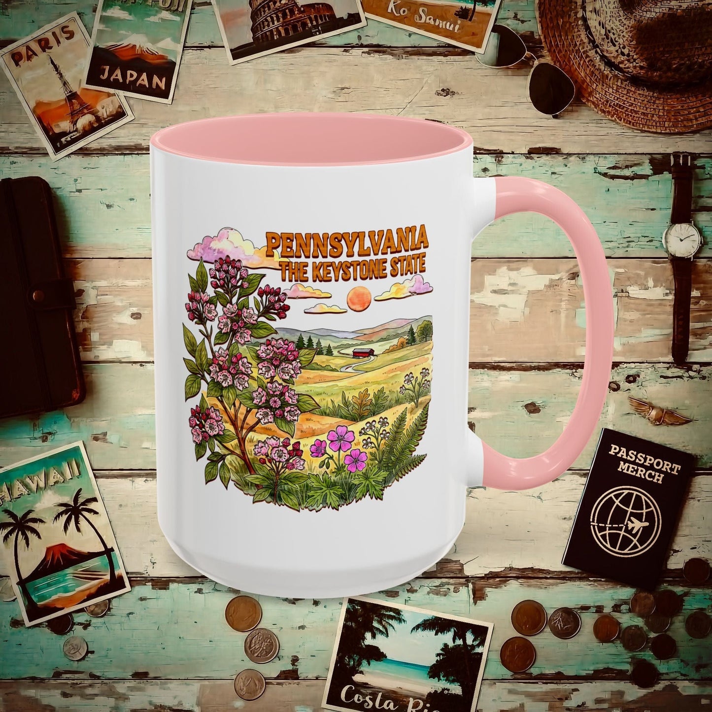 Pennsylvania Flowers in Watercolored Oak 15oz Mug Pink / 15oz