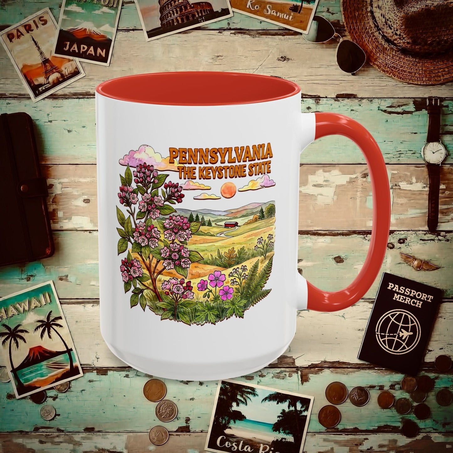 Pennsylvania Flowers in Watercolored Oak 15oz Mug Red / 15oz