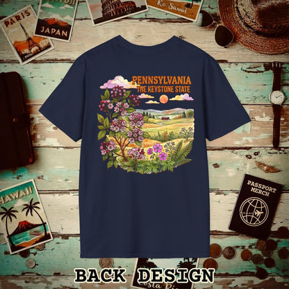 Pennsylvania Flowers in Watercolored Oak Back Print T-Shirt Navy / S