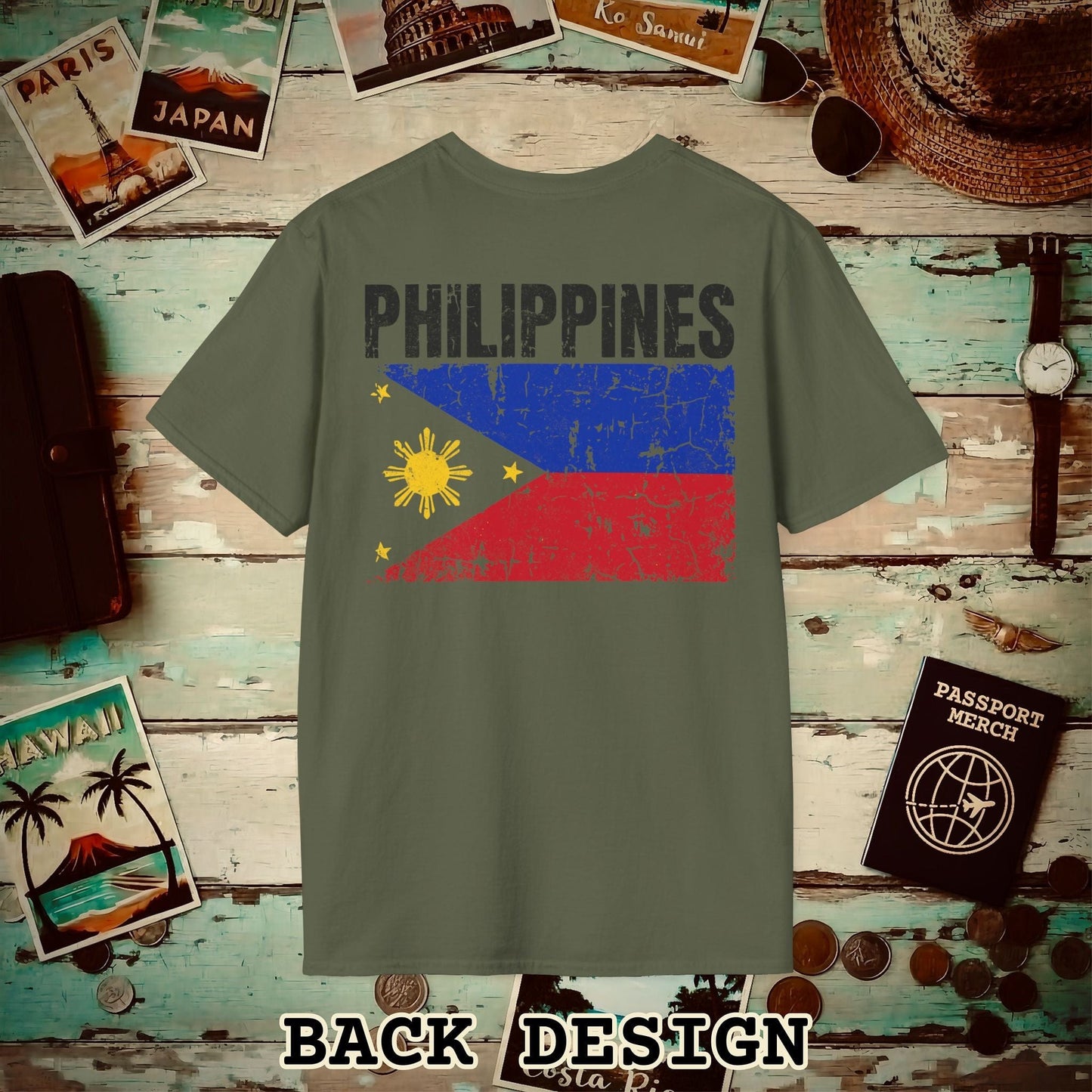 Philippines Vintage Flag Back Print T-Shirt Military Green / S