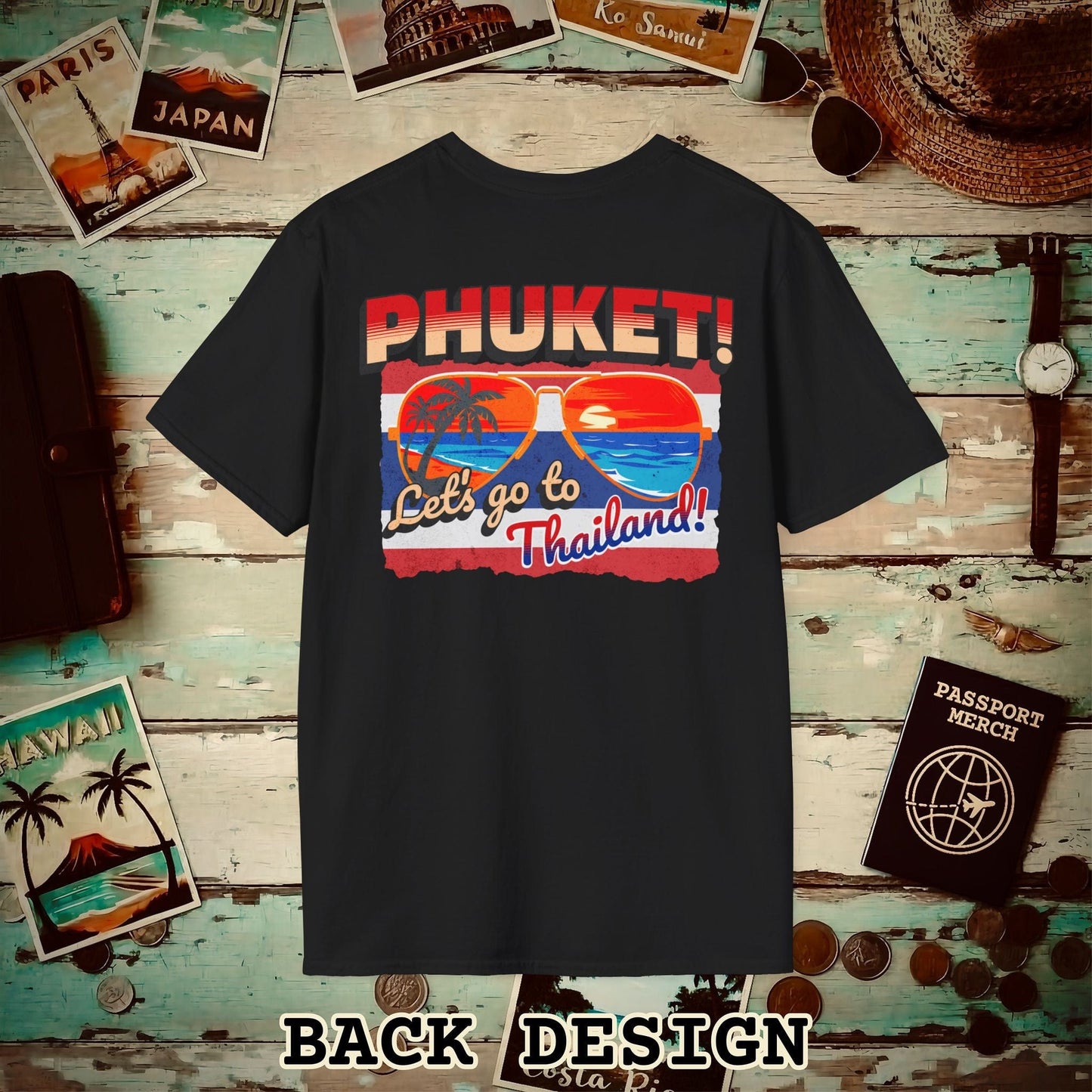 Phuket! Let's go to Thailand! Back Print T-Shirt Black / S