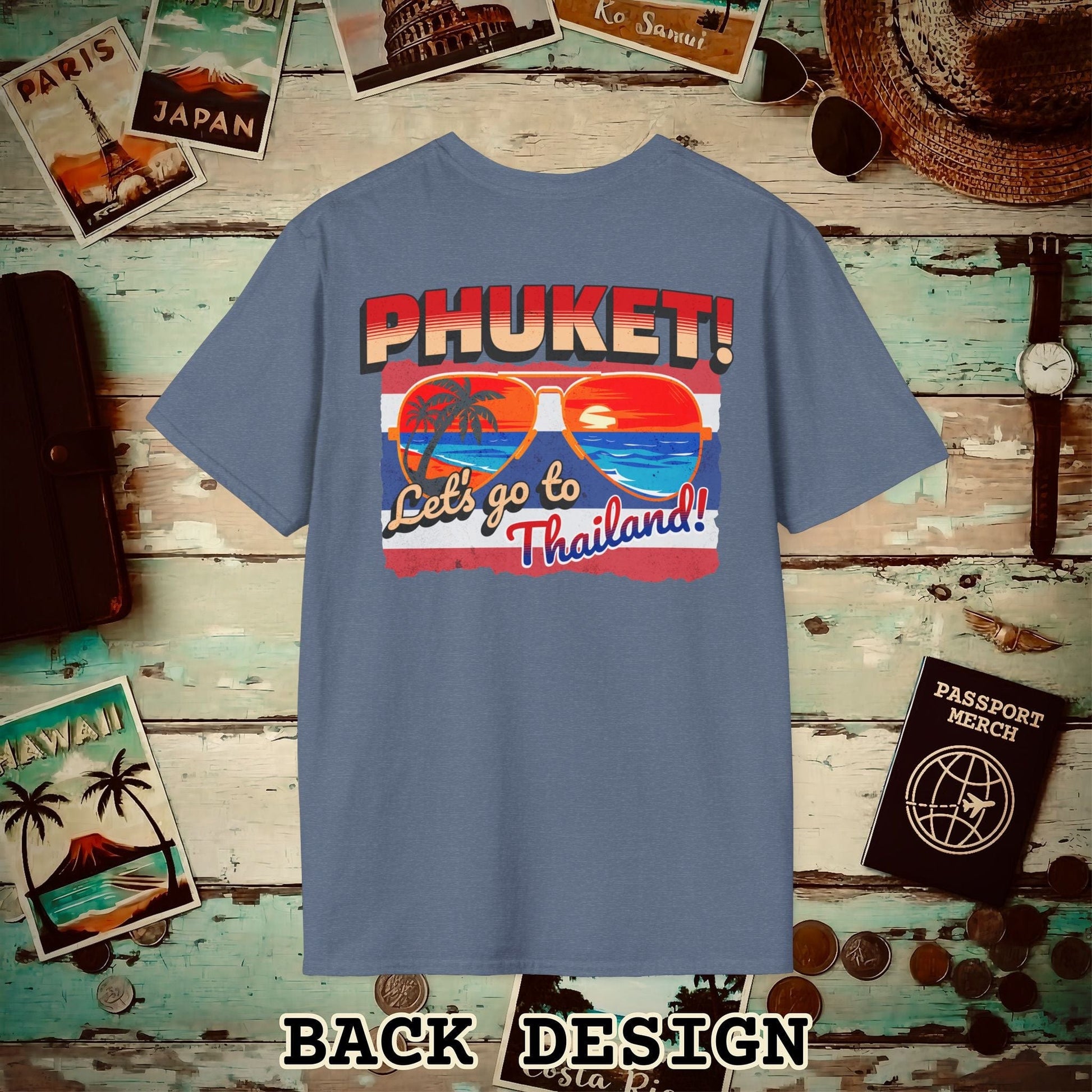 Phuket! Let's go to Thailand! Back Print T-Shirt Heather Indigo / S