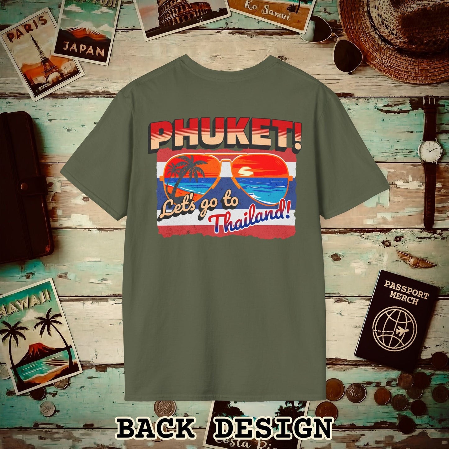 Phuket! Let's go to Thailand! Back Print T-Shirt Military Green / S