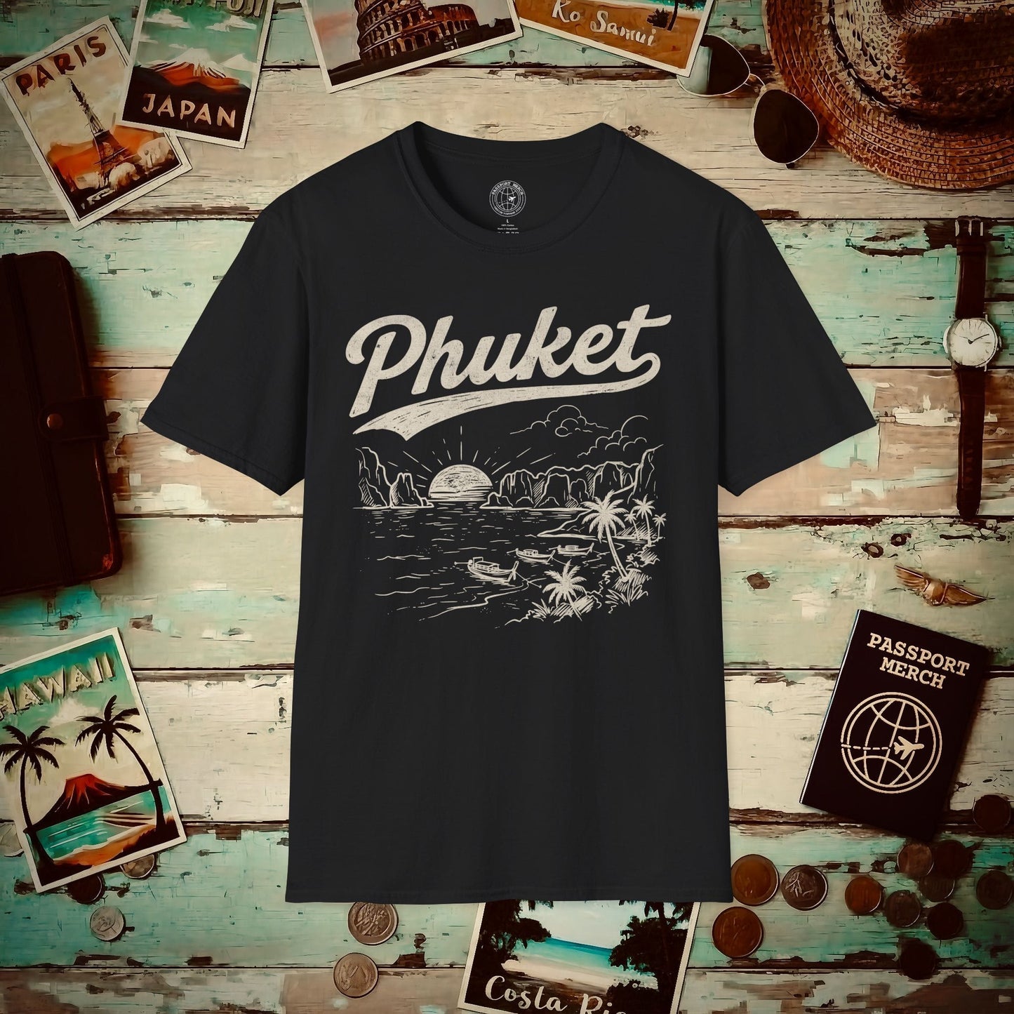 Phuket Vintage Monochrome, Thailand T-Shirt Black / S
