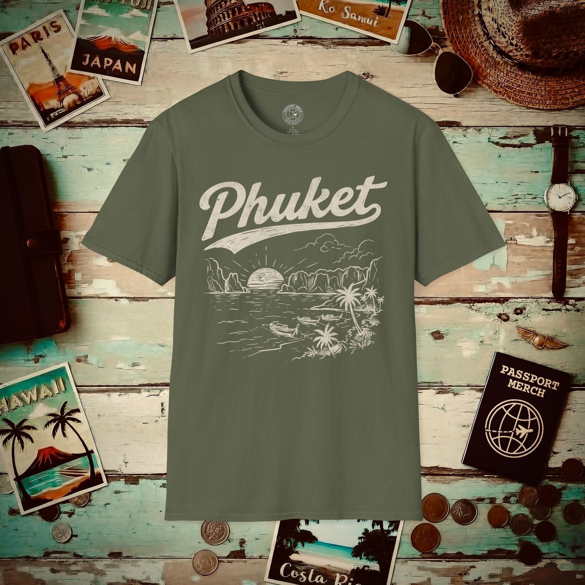Phuket Vintage Monochrome, Thailand T-Shirt Military Green / S