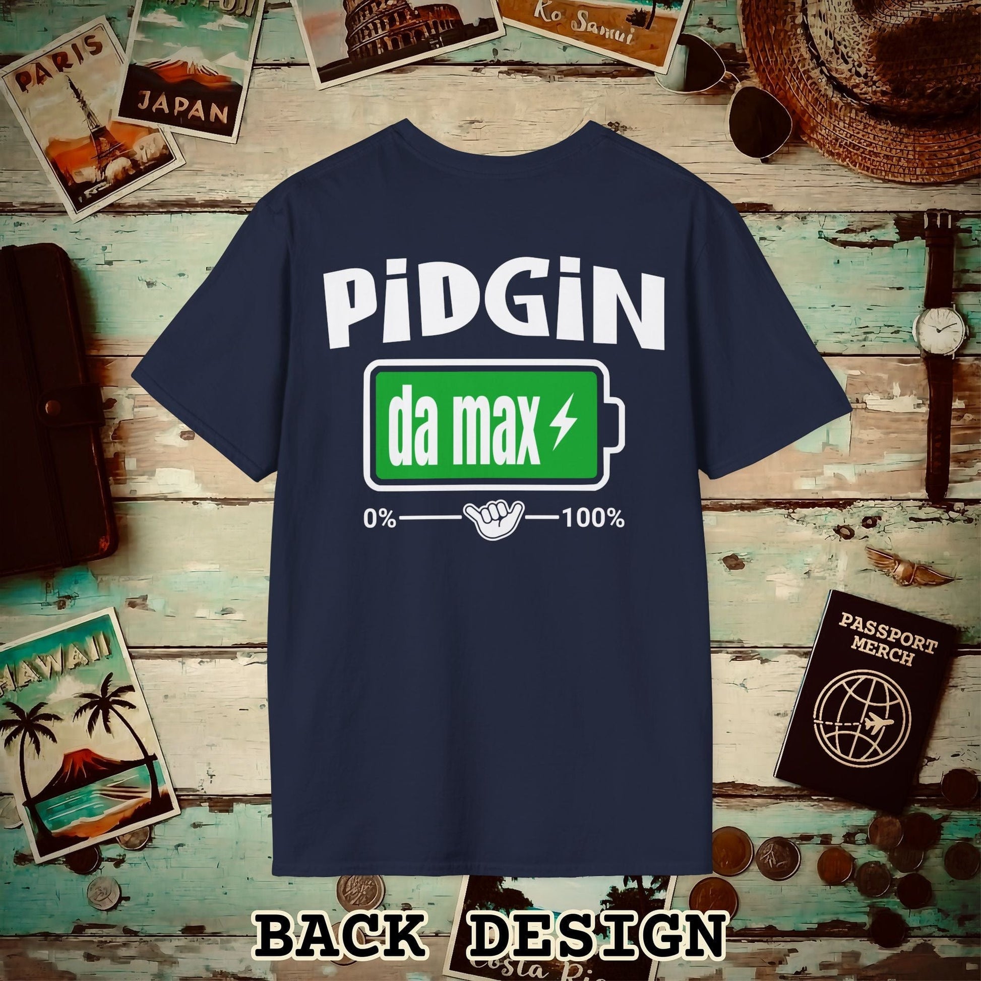 Pidgin Battery To Da Max, Hawaii Back Print T-Shirt Navy / S