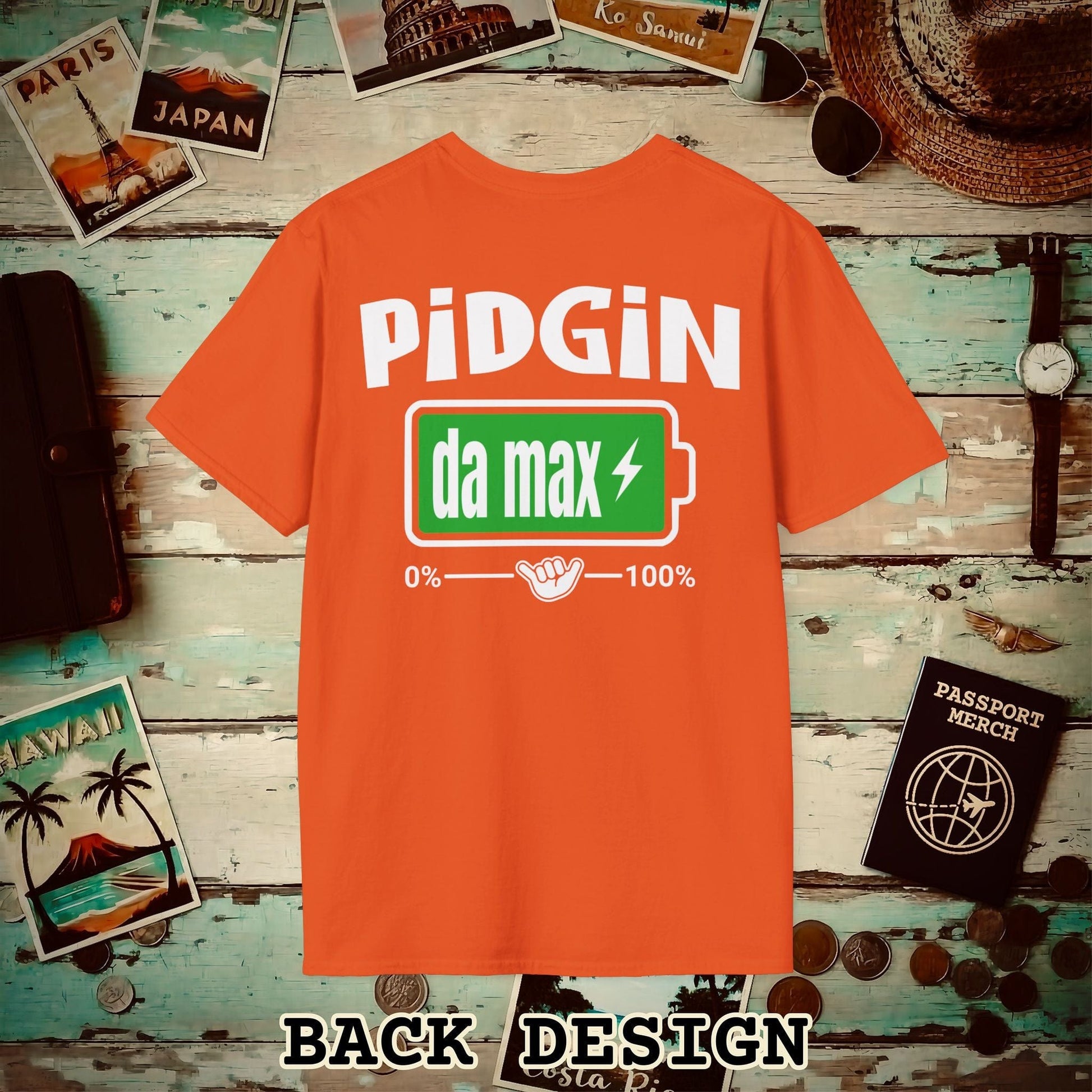 Pidgin Battery To Da Max, Hawaii Back Print T-Shirt Orange / S