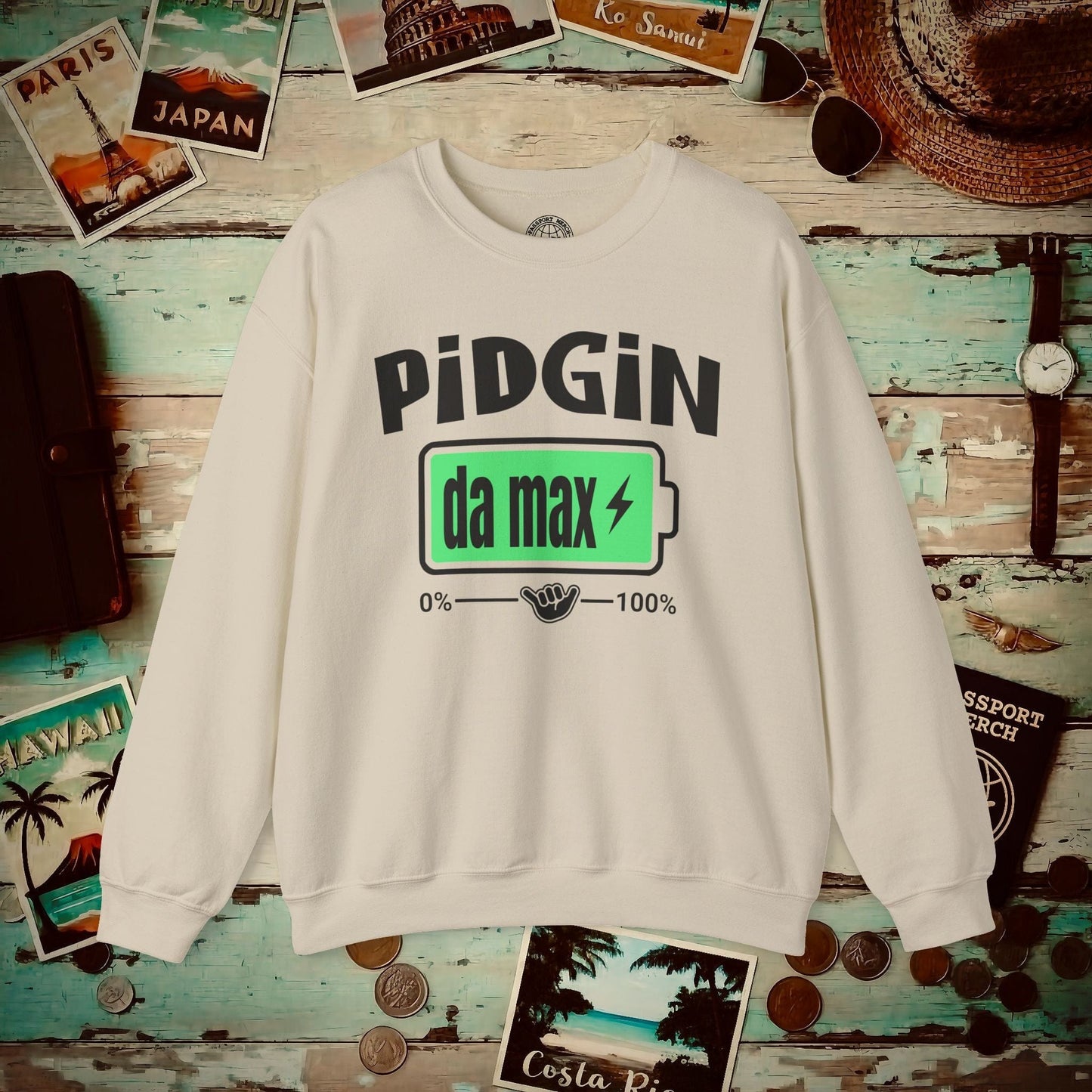 Pidgin Battery To Da Max, Hawaii Crewneck Sand / S