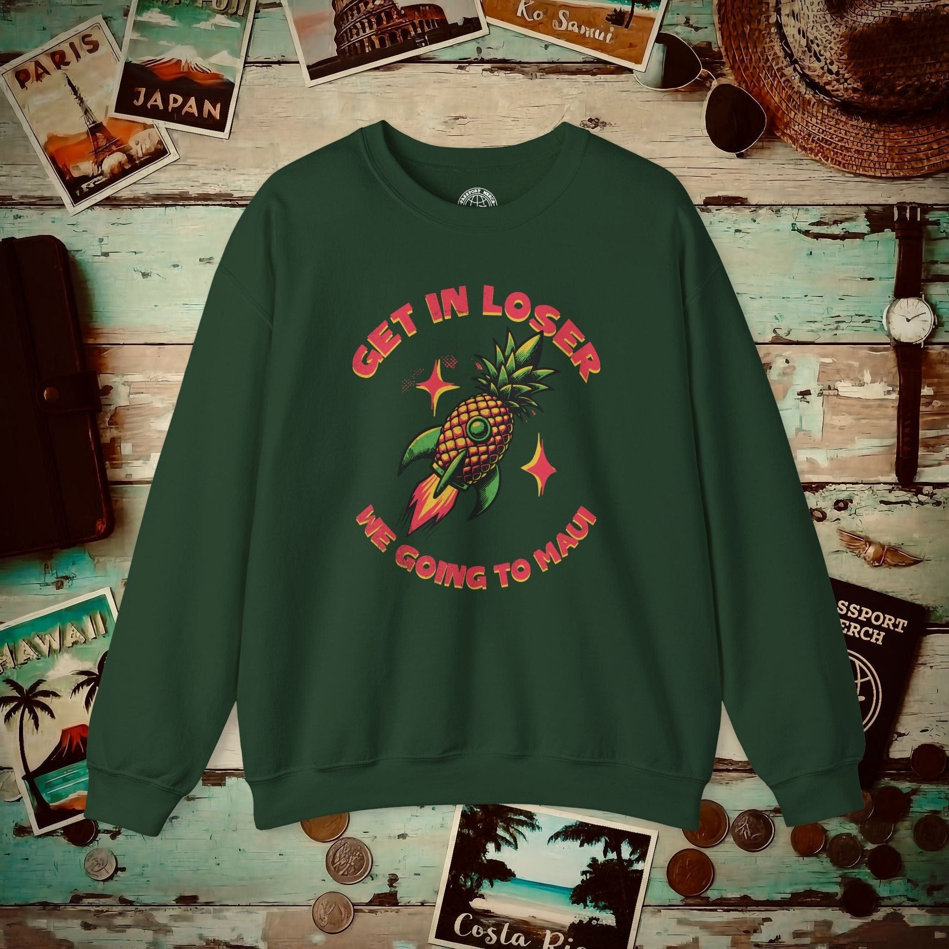 Pineapple Rocket Ship to Maui, Hawaii  Crewneck Forest Green / S