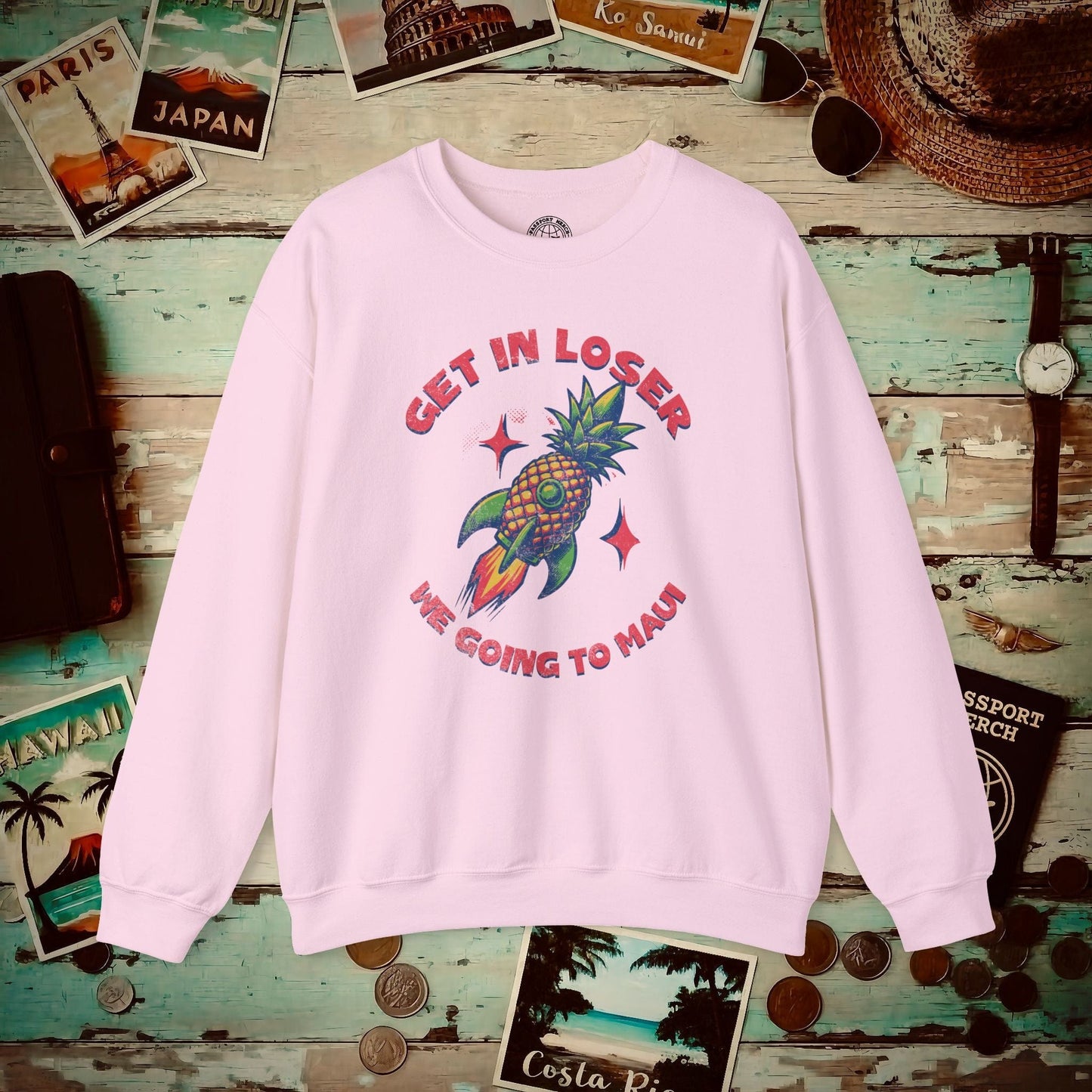 Pineapple Rocket Ship to Maui, Hawaii  Crewneck Light Pink / S