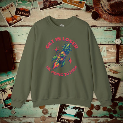 Pineapple Rocket Ship to Maui, Hawaii  Crewneck Military Green / S