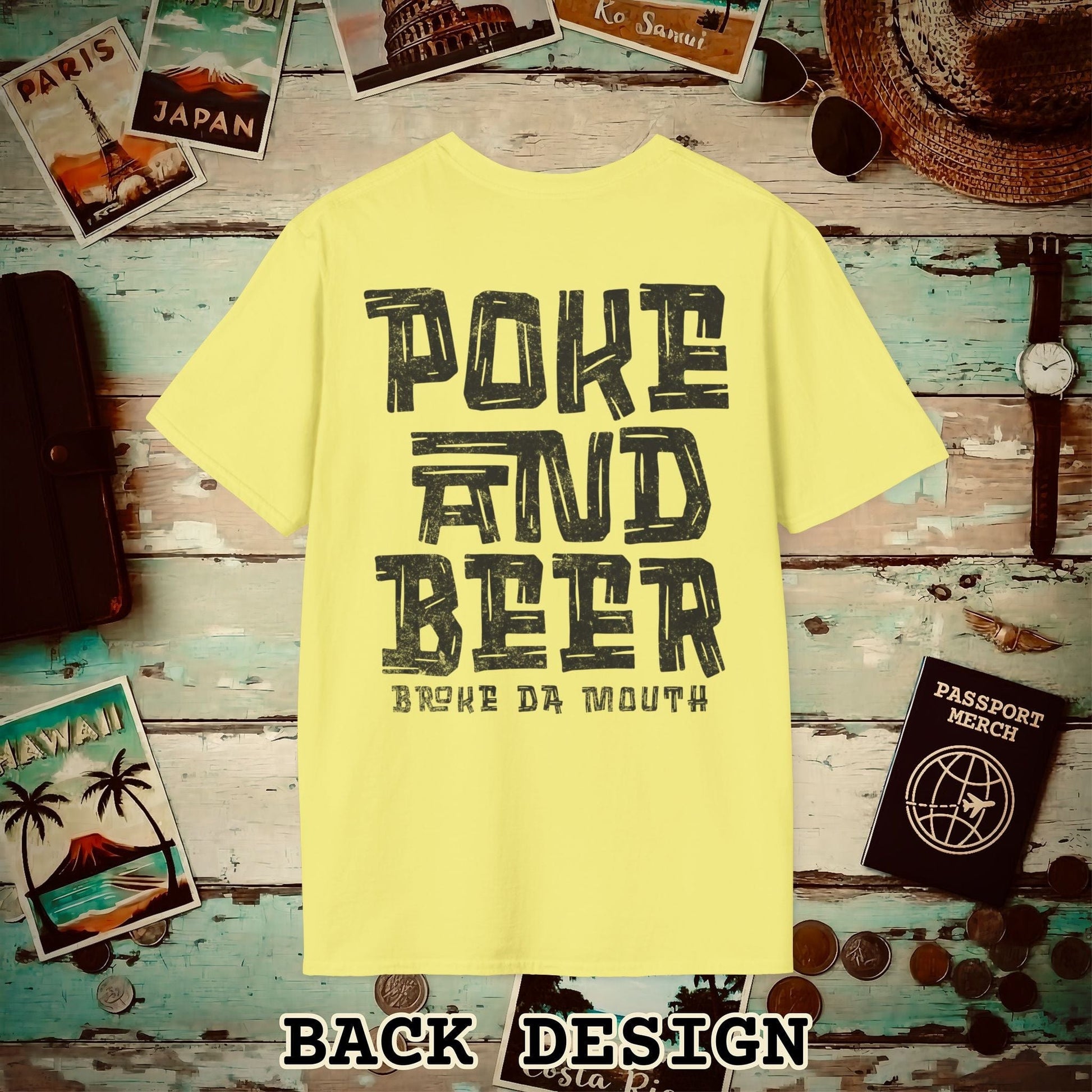 Poke and Beer, Hawaii, Back Print T-Shirt Cornsilk / S