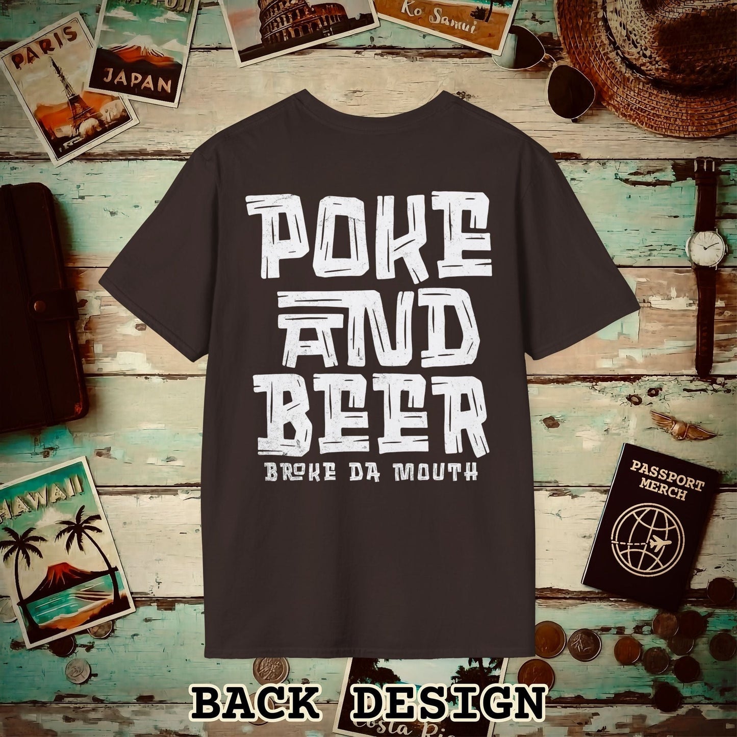 Poke and Beer, Hawaii, Back Print T-Shirt Dark Chocolate / S