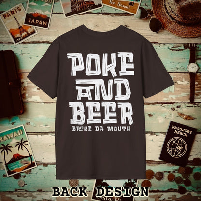 Poke and Beer, Hawaii, Back Print T-Shirt Dark Chocolate / S