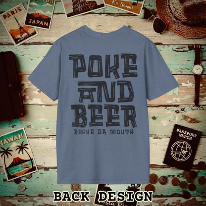 Poke and Beer, Hawaii, Back Print T-Shirt Heather Indigo / S