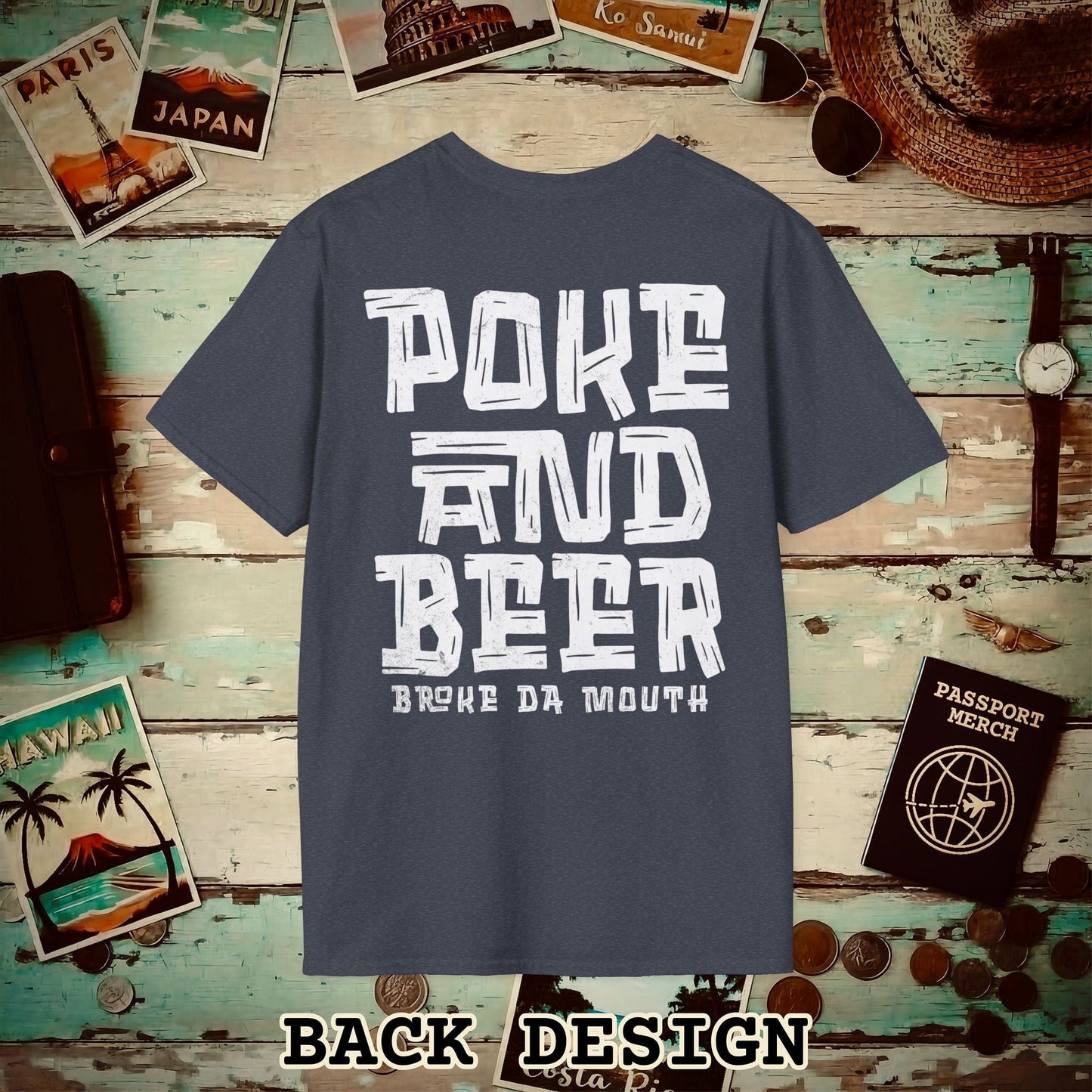 Poke and Beer, Hawaii, Back Print T-Shirt Heather Navy / S
